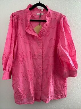 CherryBetty Pink Embroidered Ruffle-Collar Button Down Shirt